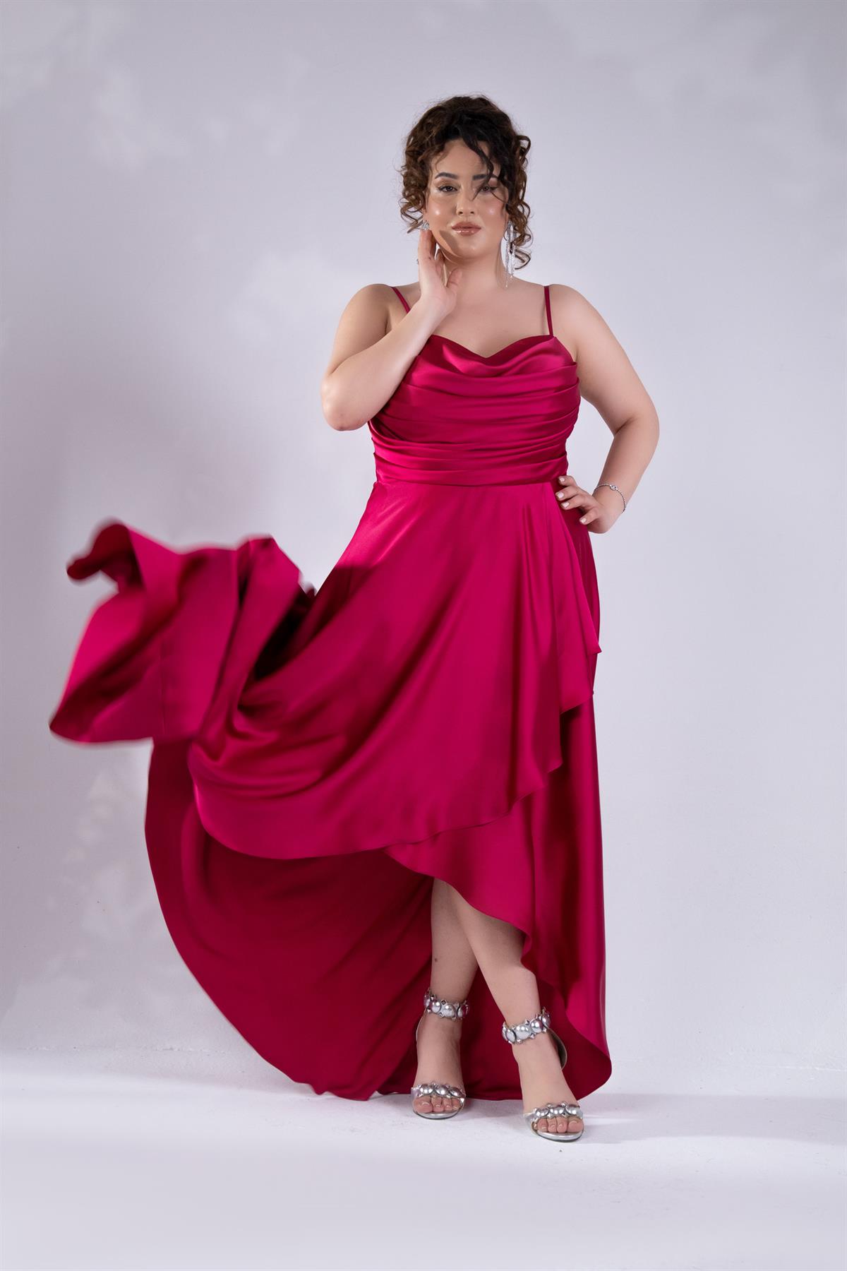 Büyük Beden 2424122 Askılı Drapeli Uzun Abiye  Fusya