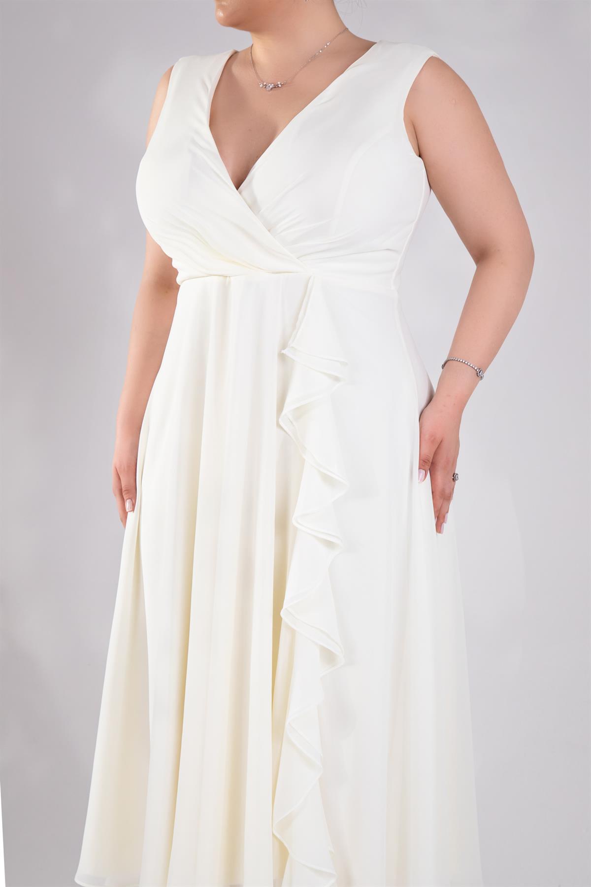 Büyük Beden 2424142  Kruvaze Volanlı Abiye  Ekru