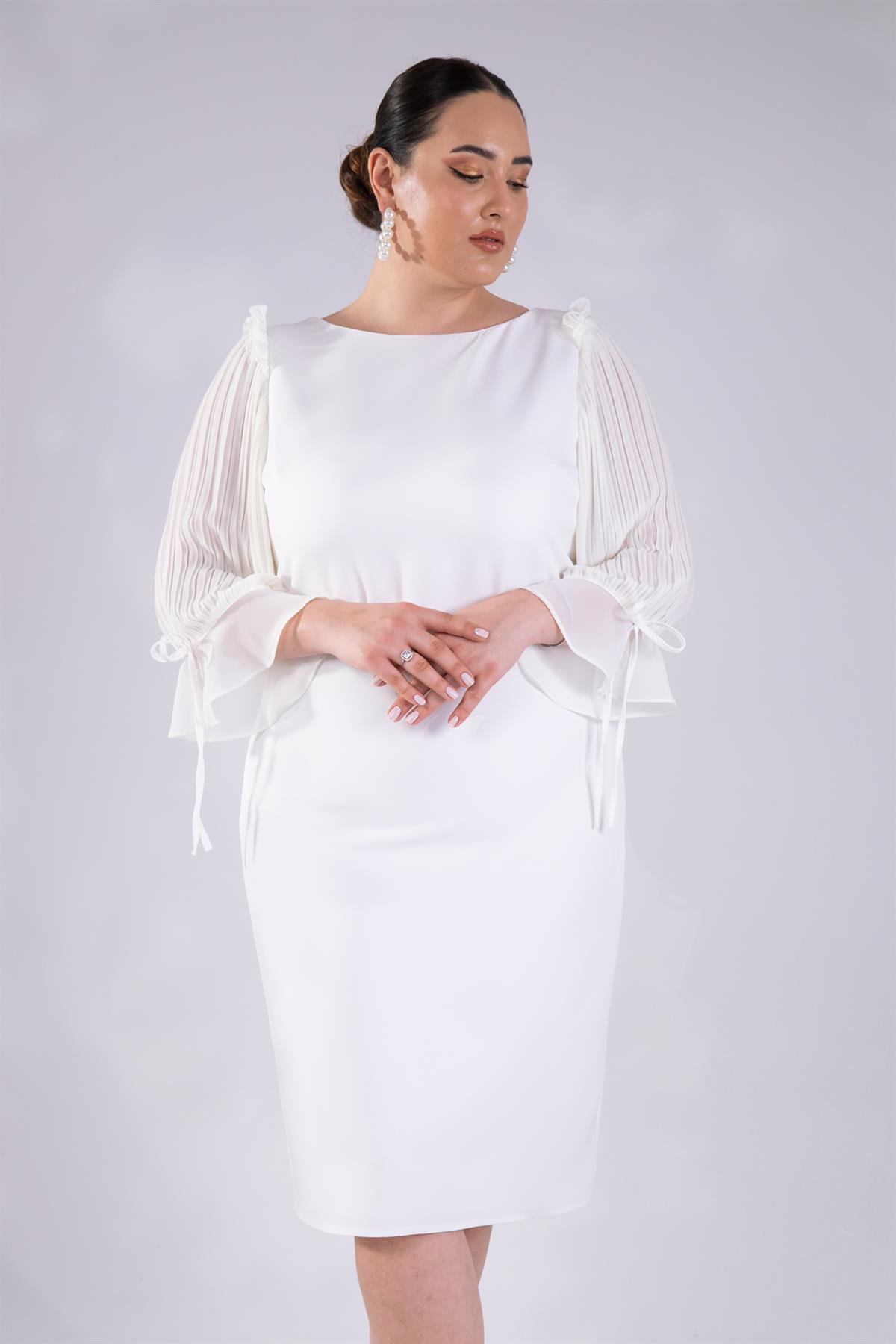 Büyük Beden 2424207 Şifon Kol Büzgülü Abiiye  Beyaz