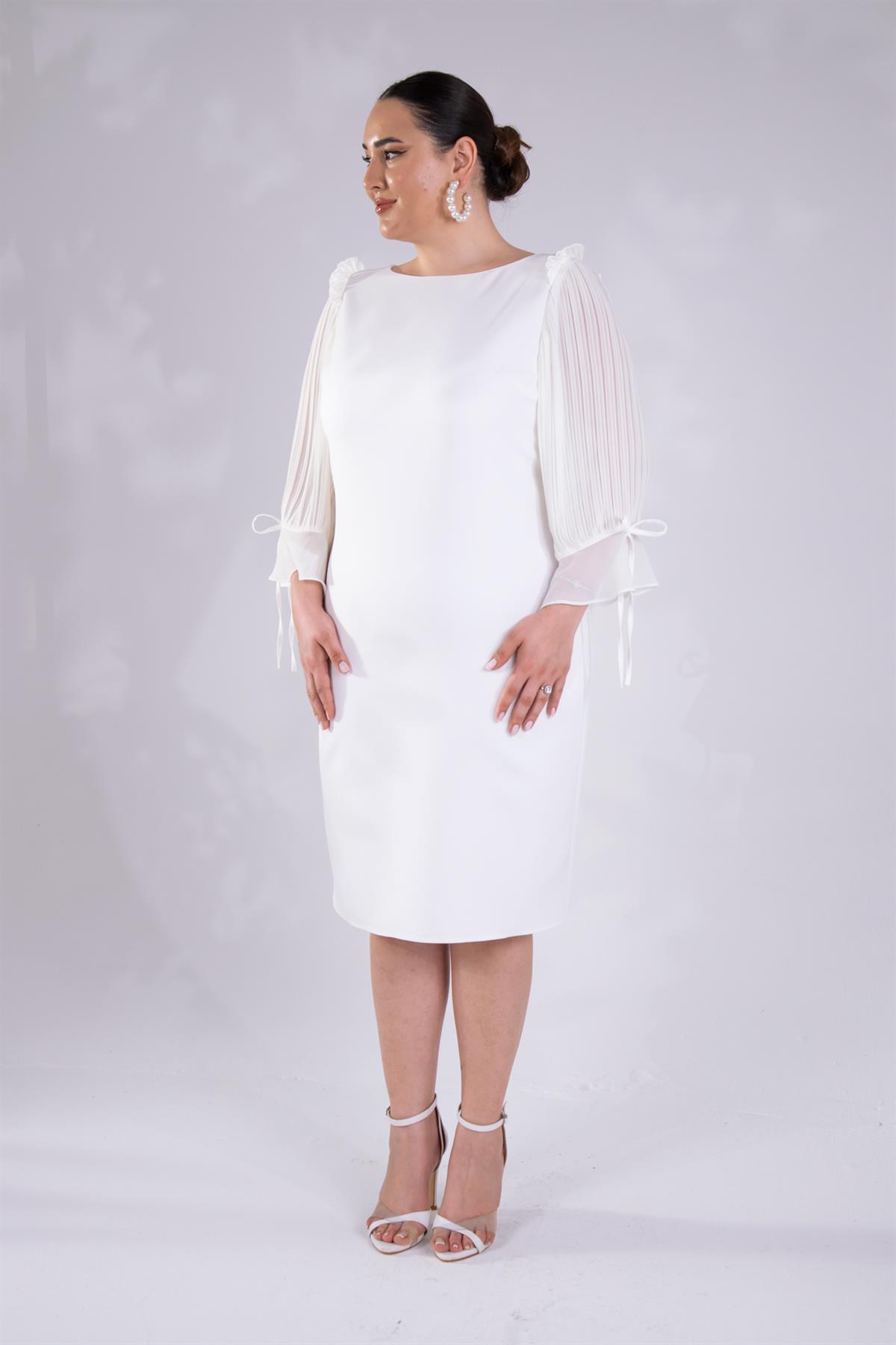 Büyük Beden 2424207 Şifon Kol Büzgülü Abiiye  Beyaz