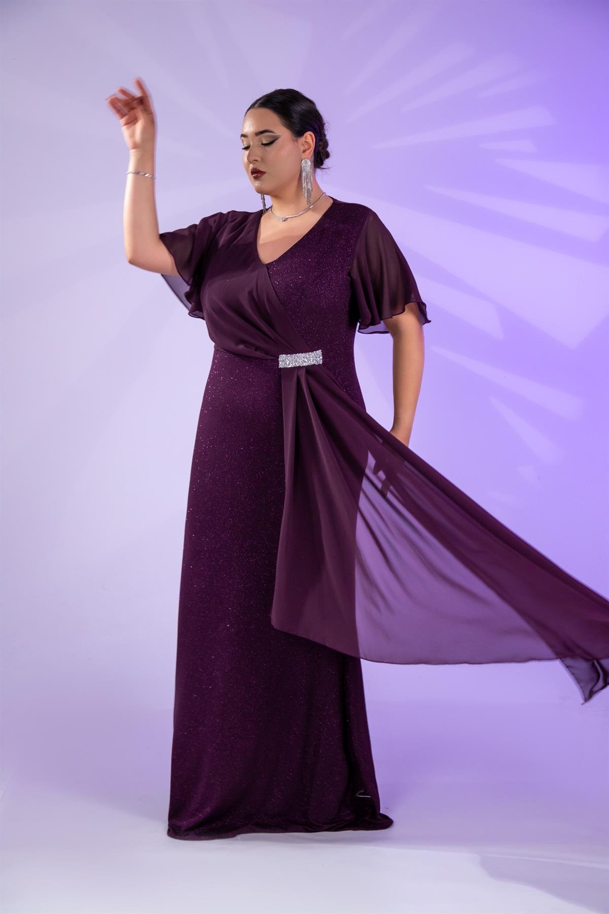 Büyük Beden 2424215 Kısa Kollu Taşlı Abiye  Mürdüm