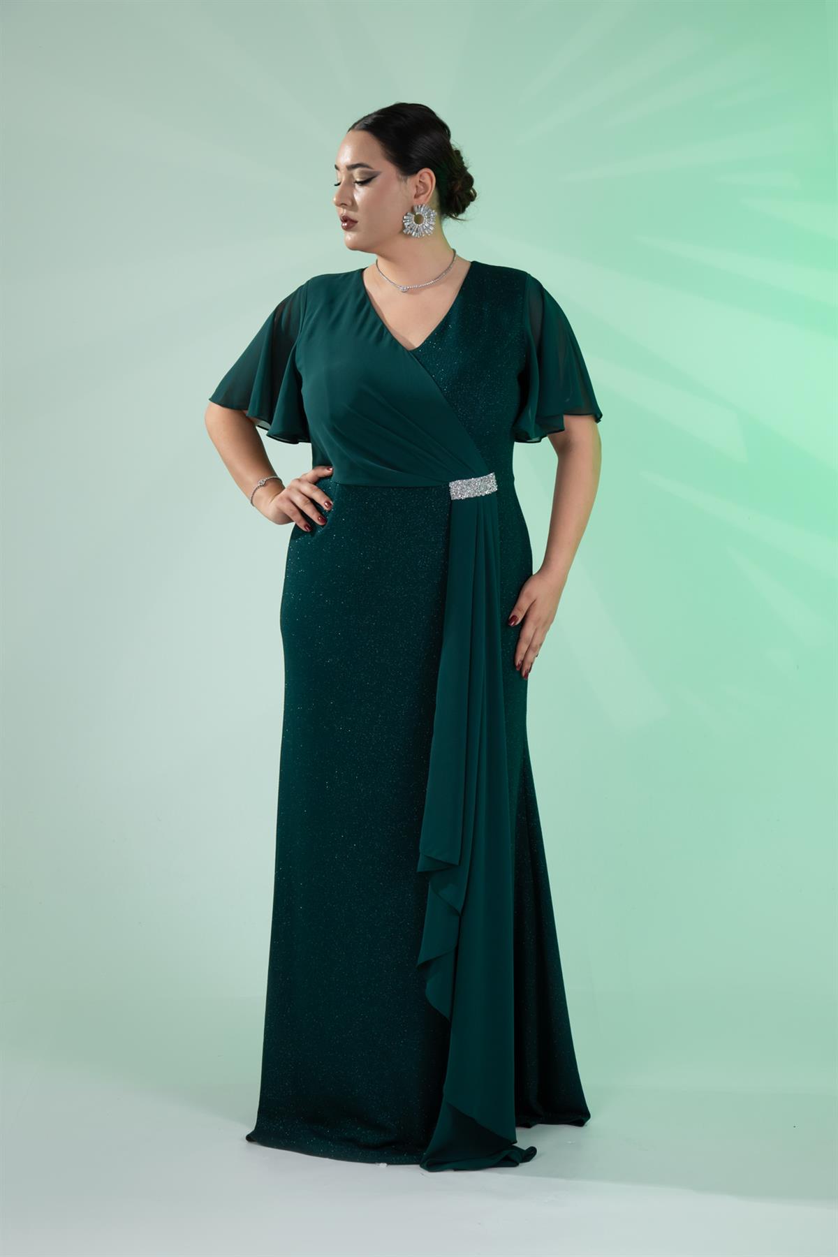 Büyük Beden 2424215 Kısa Kollu Taşlı Abiye  Yeşil