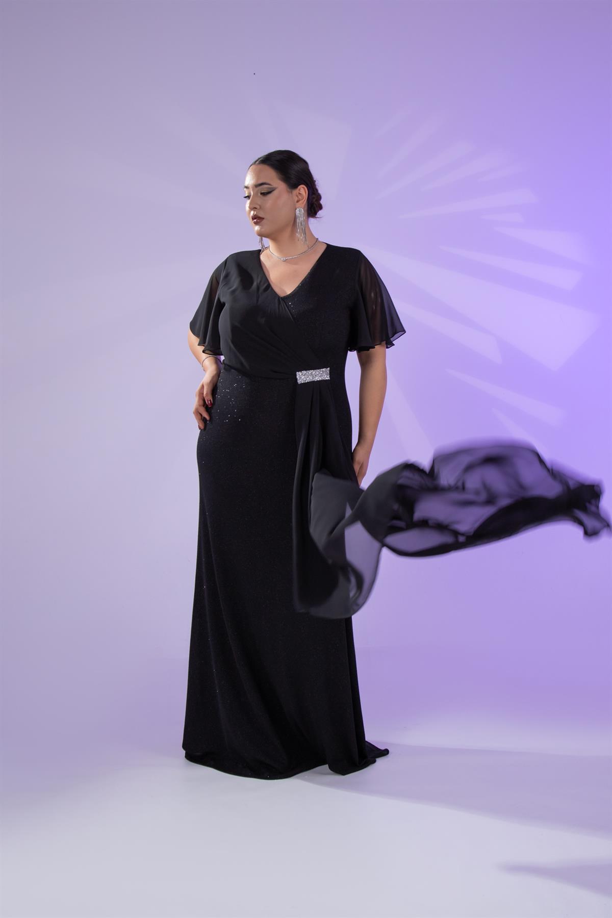 Büyük Beden 2424215 Kısa Kollu Taşlı Abiye  Siyah