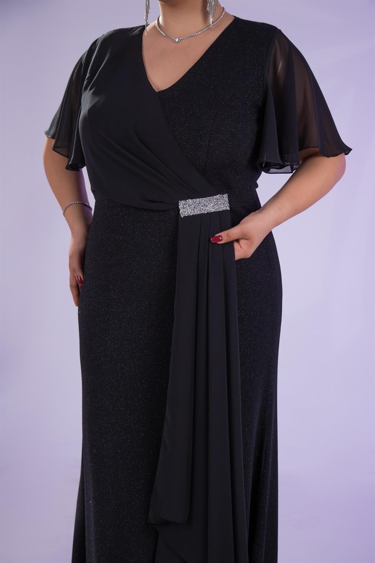 Büyük Beden 2424215 Kısa Kollu Taşlı Abiye  Siyah