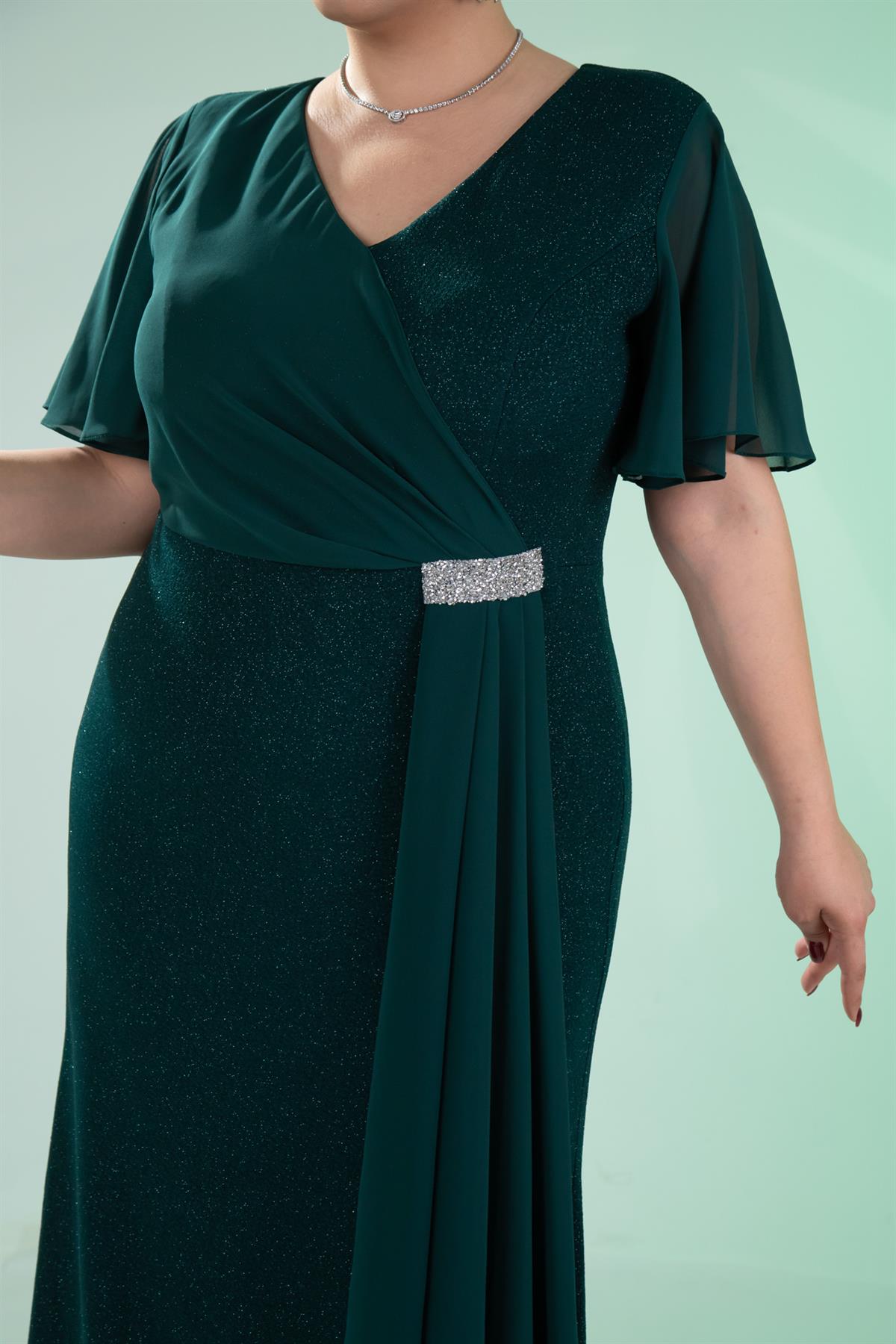 Büyük Beden 2424215 Kısa Kollu Taşlı Abiye  Yeşil