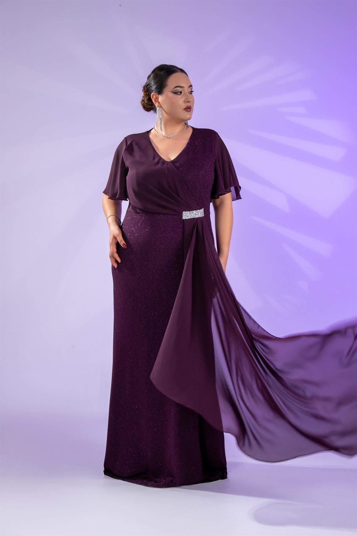 Büyük Beden 2424215 Kısa Kollu Taşlı Abiye  Mürdüm