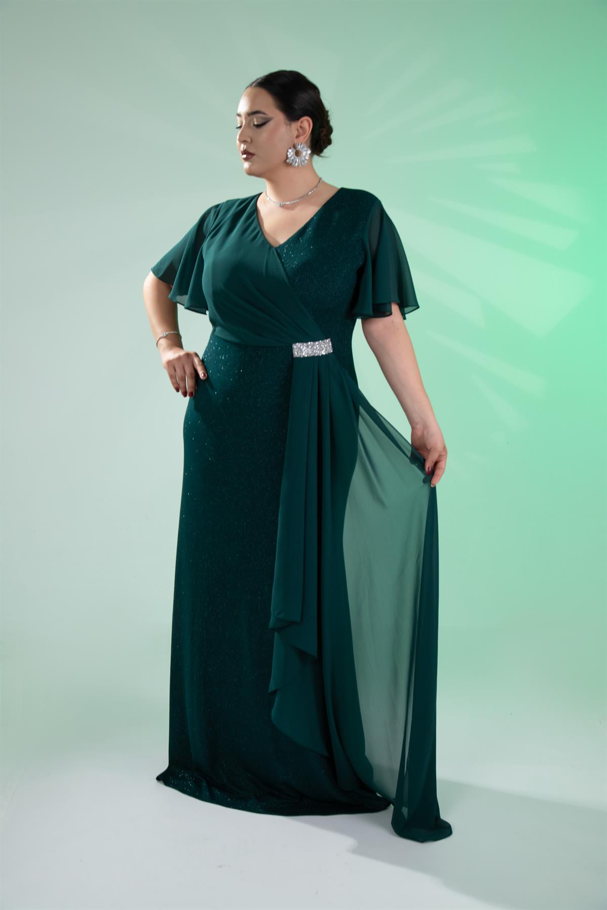 Büyük Beden 2424215 Kısa Kollu Taşlı Abiye  Yeşil