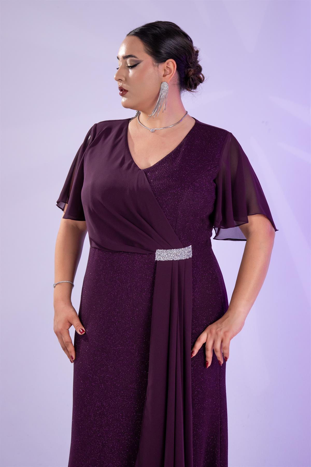 Büyük Beden 2424215 Kısa Kollu Taşlı Abiye  Mürdüm