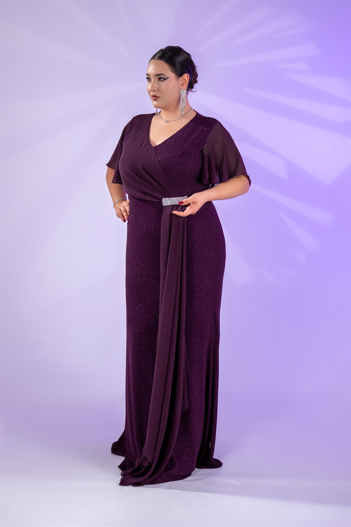 Büyük Beden 2424215 Kısa Kollu Taşlı Abiye  Mürdüm