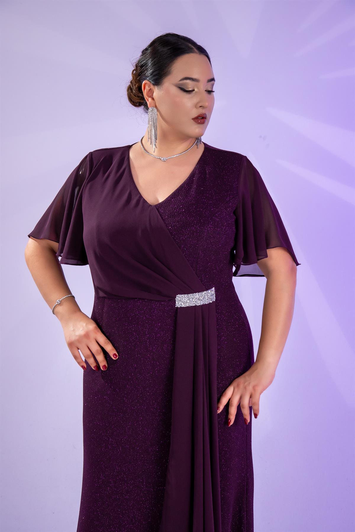 Büyük Beden 2424215 Kısa Kollu Taşlı Abiye  Mürdüm