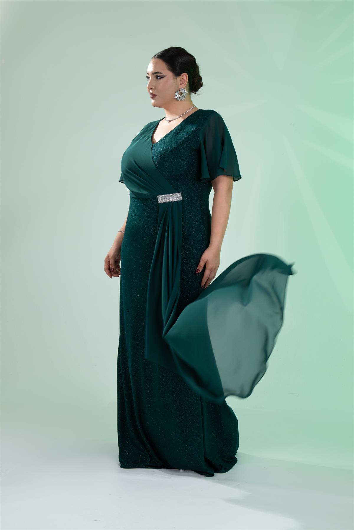 Büyük Beden 2424215 Kısa Kollu Taşlı Abiye  Yeşil