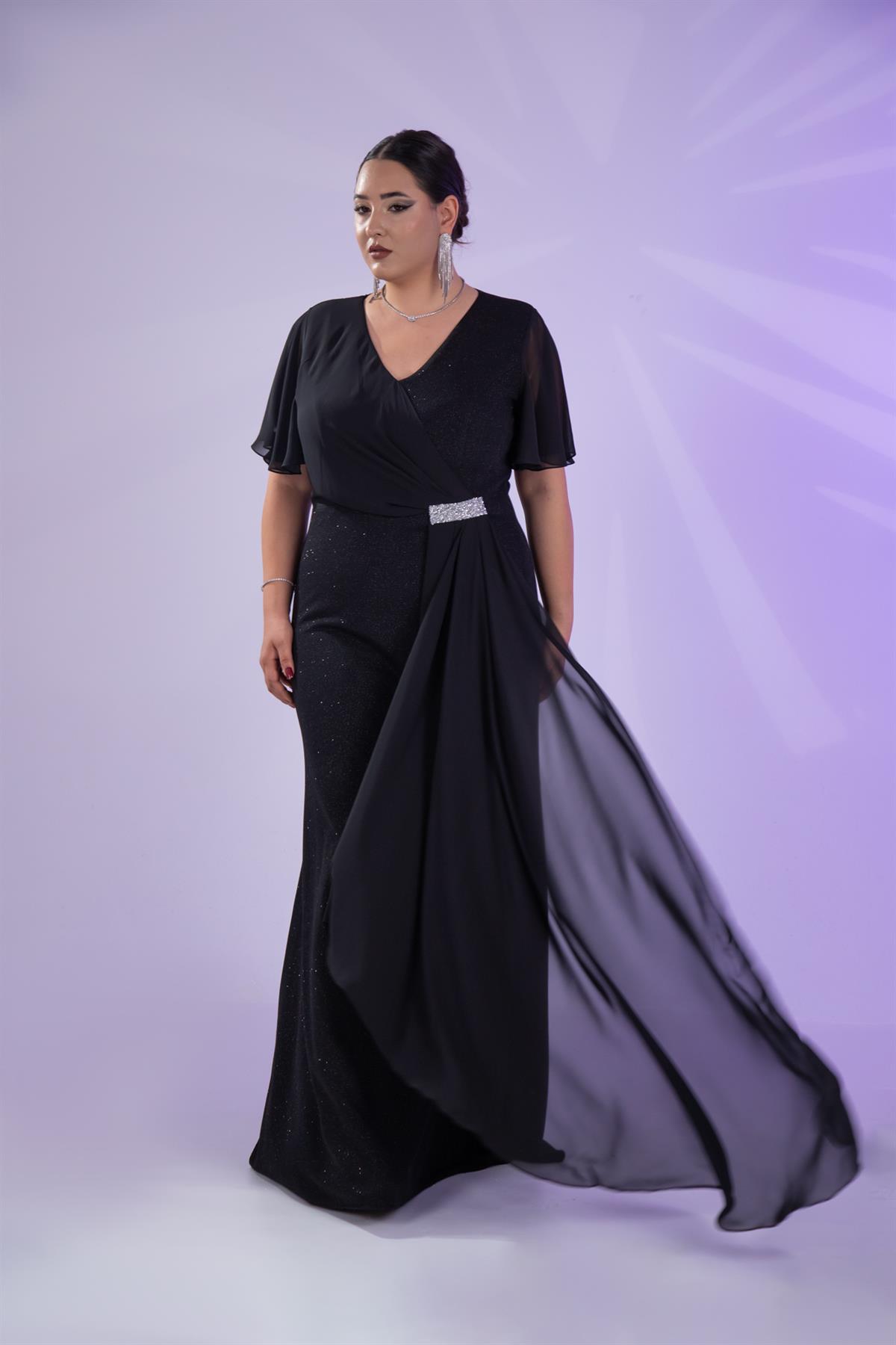 Büyük Beden 2424215 Kısa Kollu Taşlı Abiye  Siyah