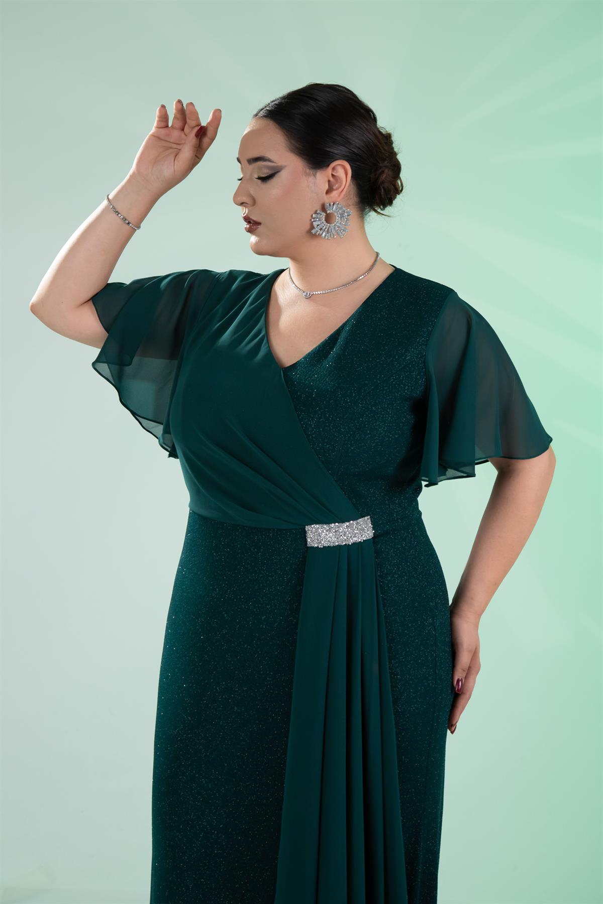 Büyük Beden 2424215 Kısa Kollu Taşlı Abiye  Yeşil