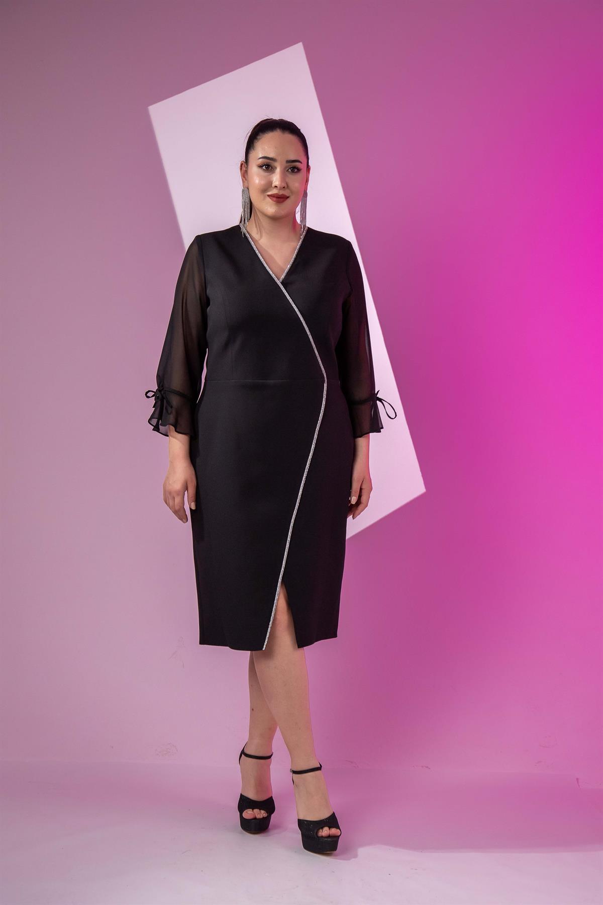 Büyük Beden 2424531 Kolu Pileli Kruvaze Abiye Siyah