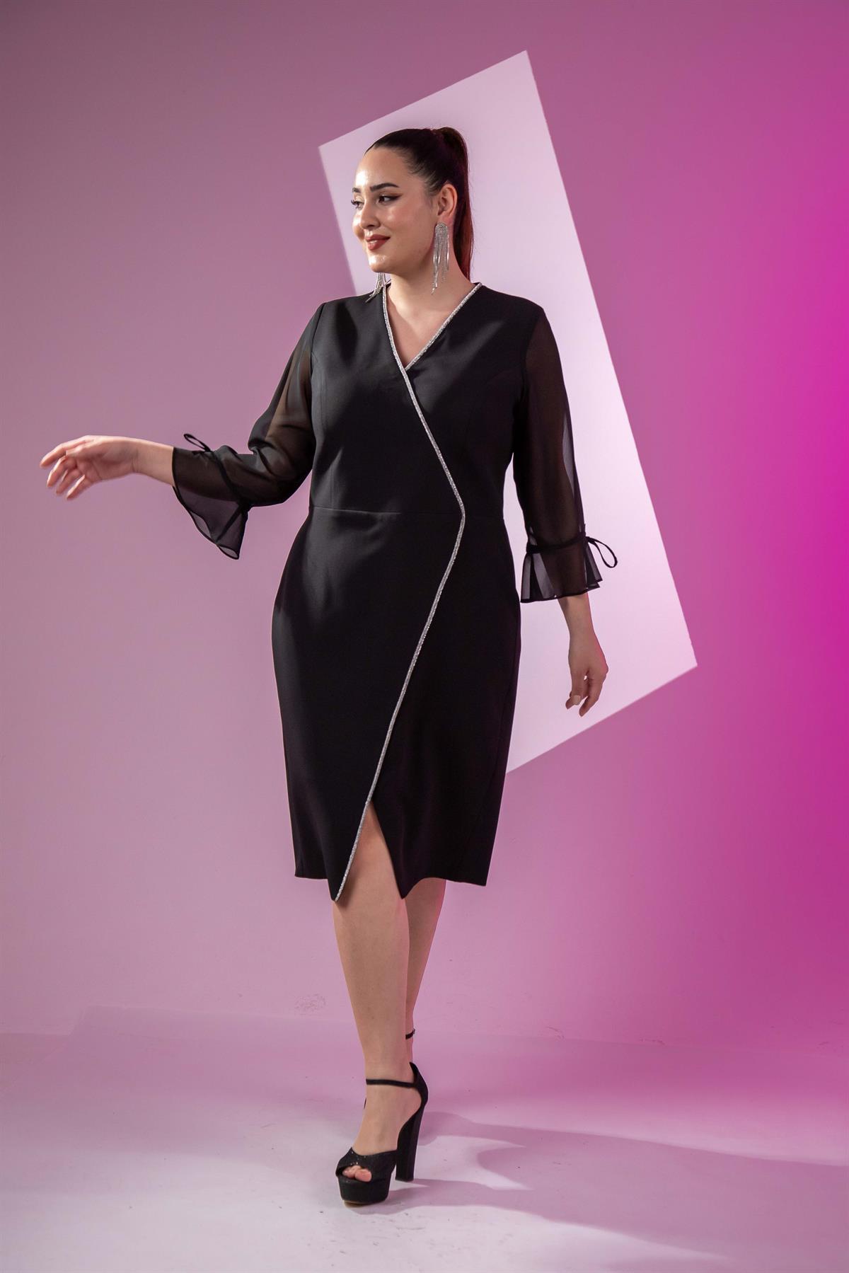 Büyük Beden 2424531 Kolu Pileli Kruvaze Abiye Siyah