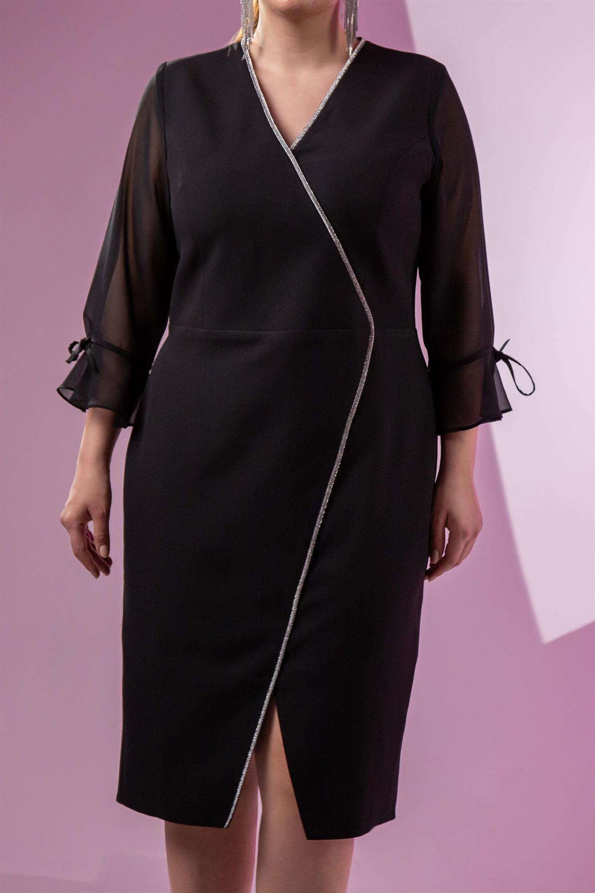 Büyük Beden 2424531 Kolu Pileli Kruvaze Abiye Siyah