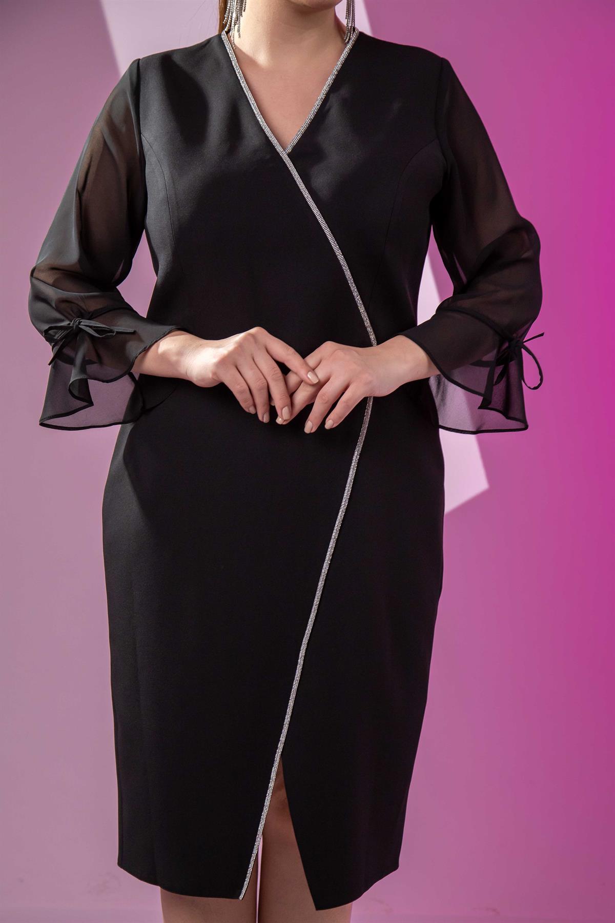 Büyük Beden 2424531 Kolu Pileli Kruvaze Abiye Siyah