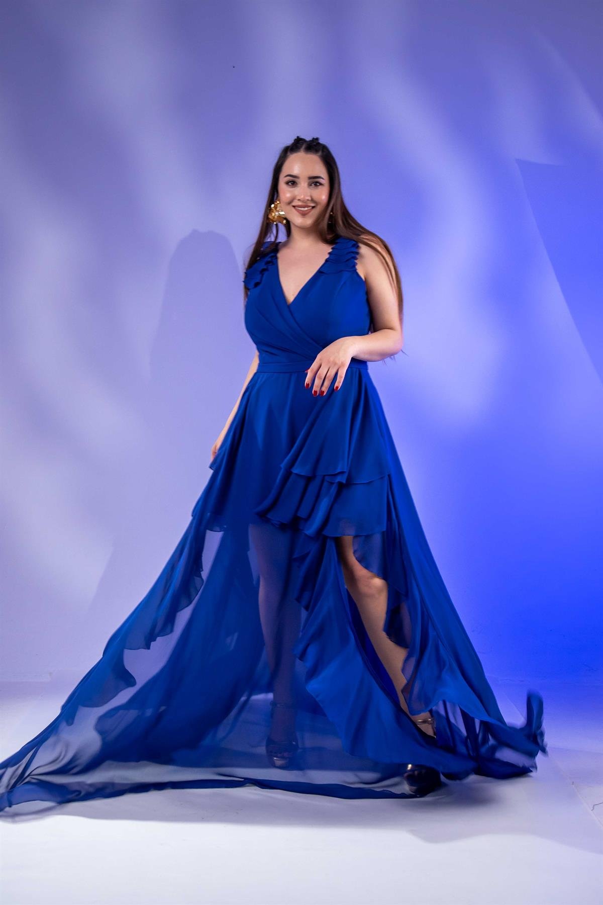 Büyük Beden 2424610 Kruvaze Eteği Volanlı Abiye  Saks