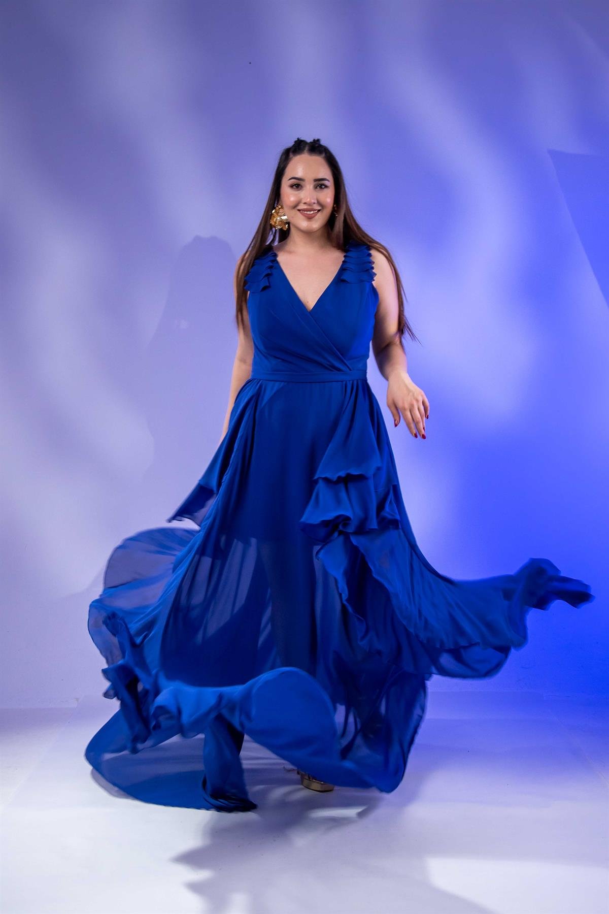 Büyük Beden 2424610 Kruvaze Eteği Volanlı Abiye  Saks