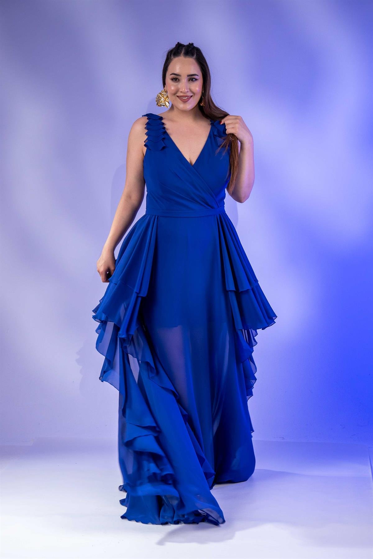 Büyük Beden 2424610 Kruvaze Eteği Volanlı Abiye  Saks