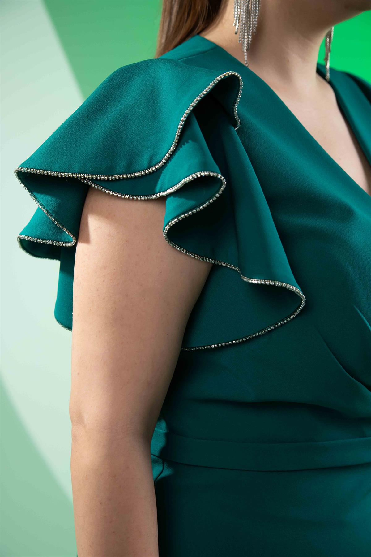 Büyük Beden 2424682 Kruvaze Kol Volanlı Abiye  Yeşil