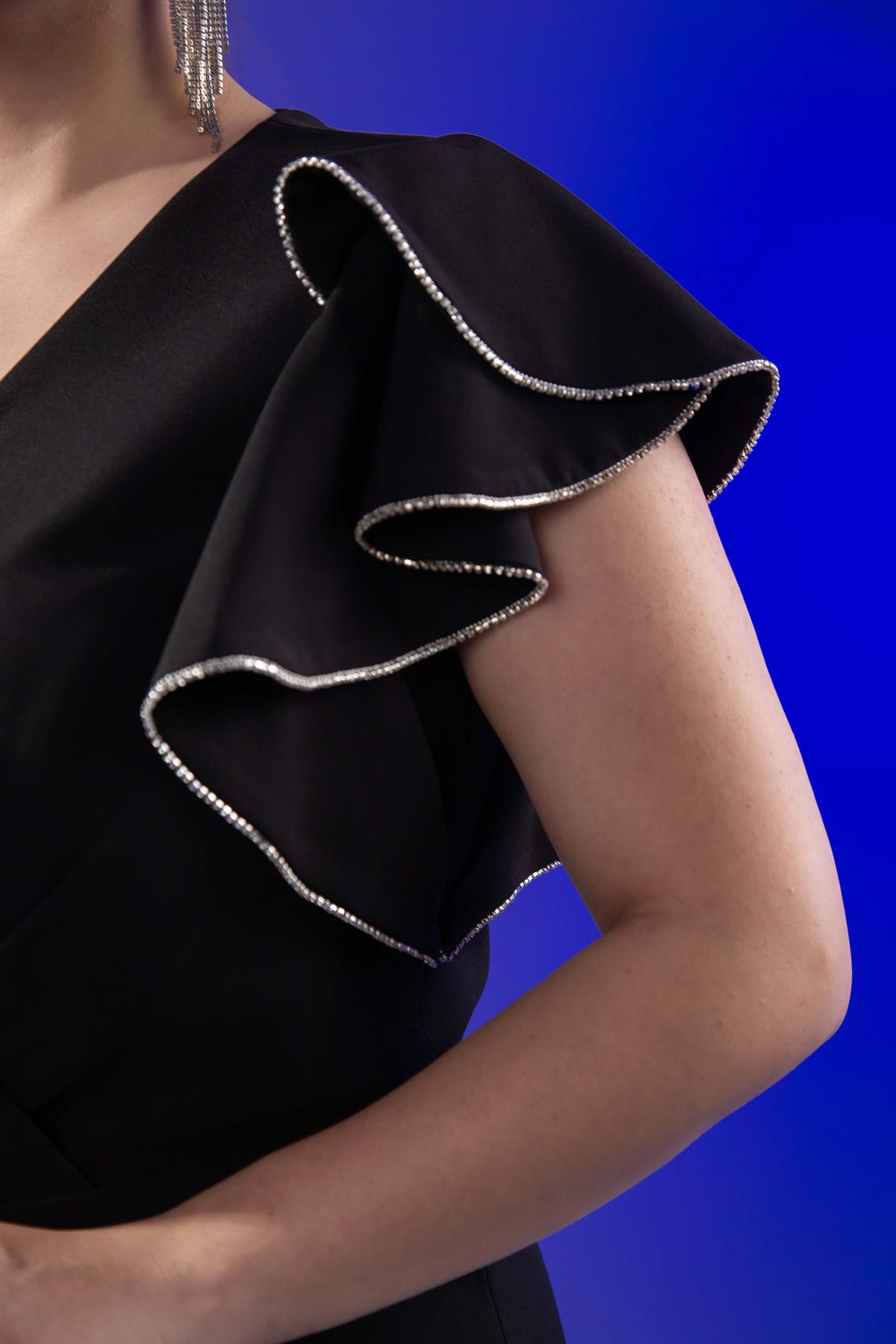 Büyük Beden 2424682 Kruvaze Kol Volanlı Abiye  Siyah