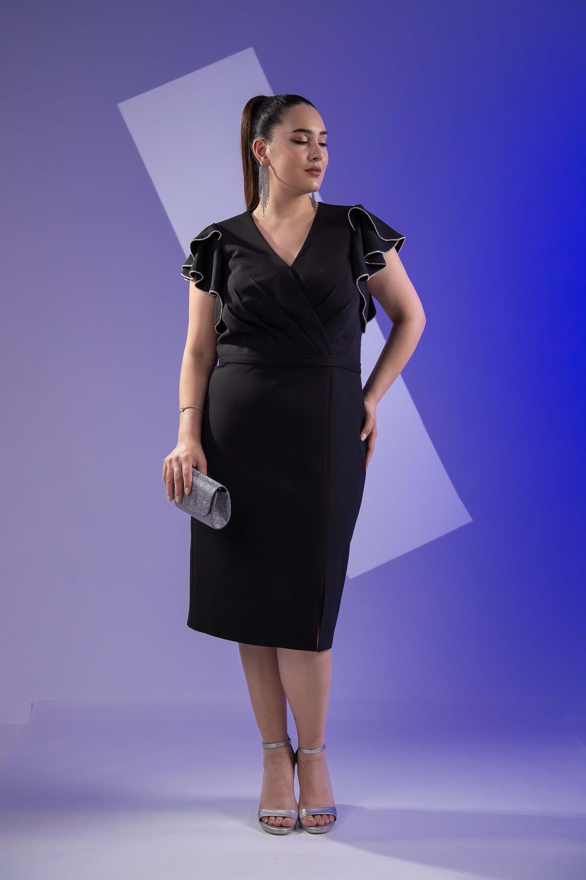 Büyük Beden 2424682 Kruvaze Kol Volanlı Abiye  Siyah