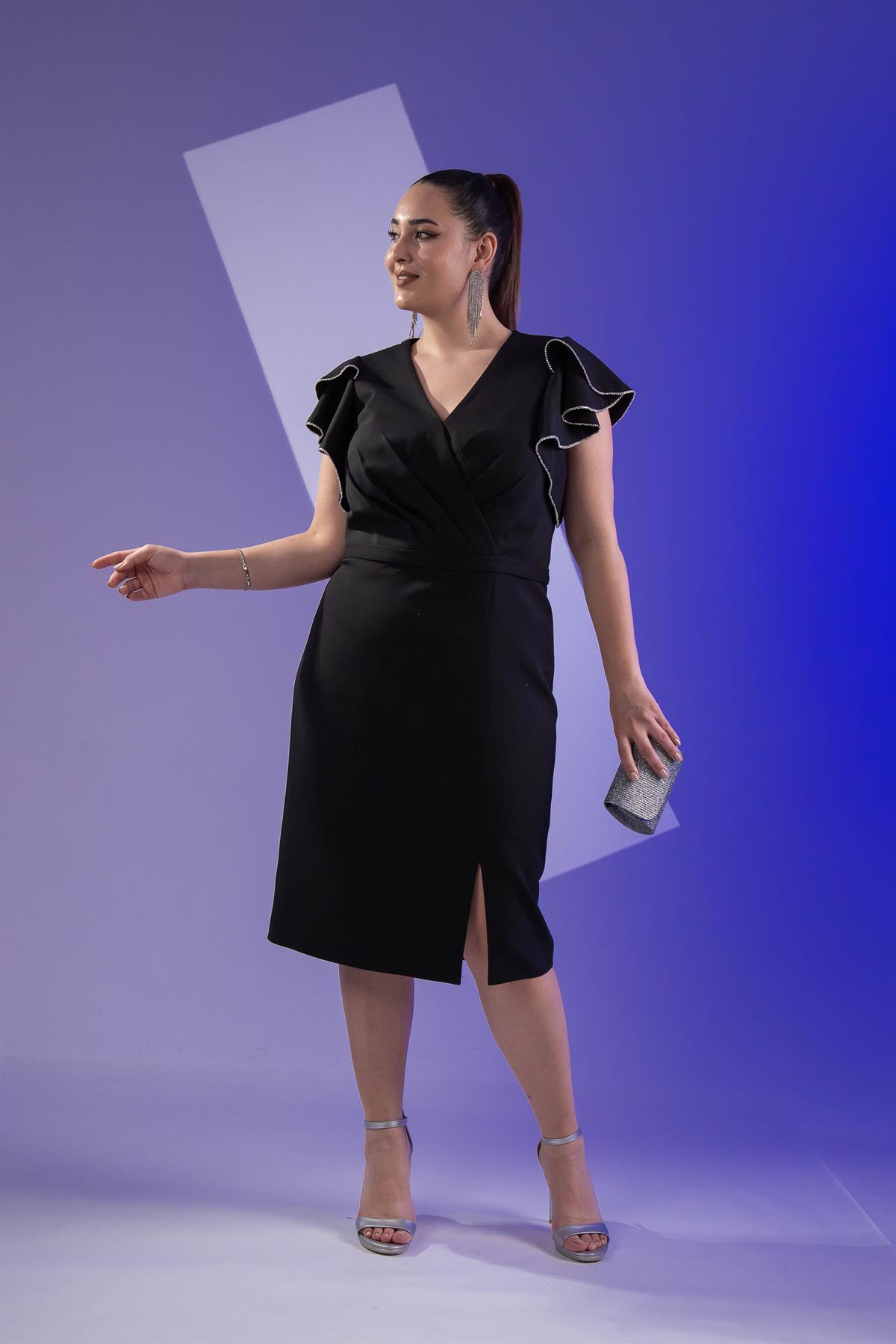 Büyük Beden 2424682 Kruvaze Kol Volanlı Abiye  Siyah