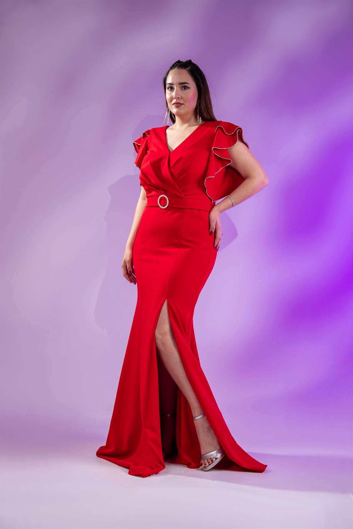 Büyük Beden 2424689 Kemerlİ-Kol Volanlı Abiye Kırmızı