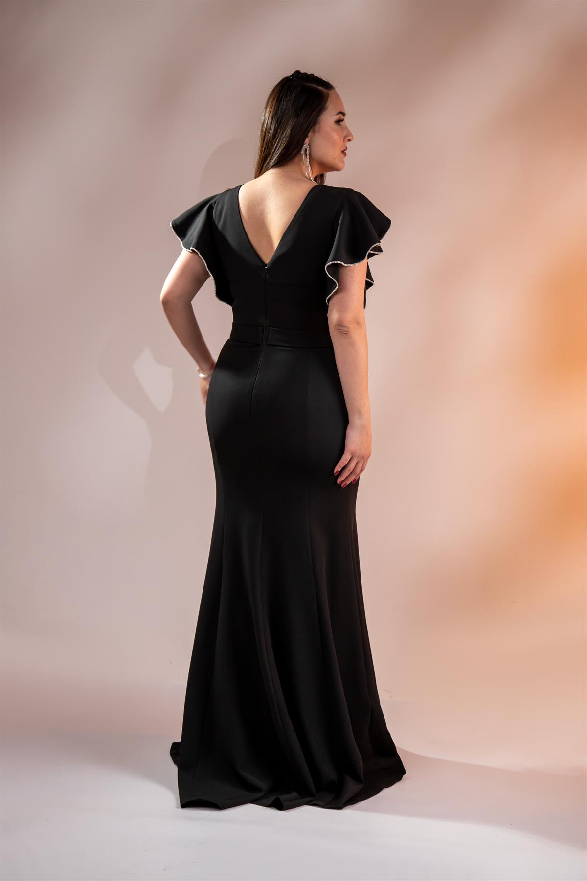 Büyük Beden 2424689 Kemerlİ-Kol Volanlı Abiye Siyah