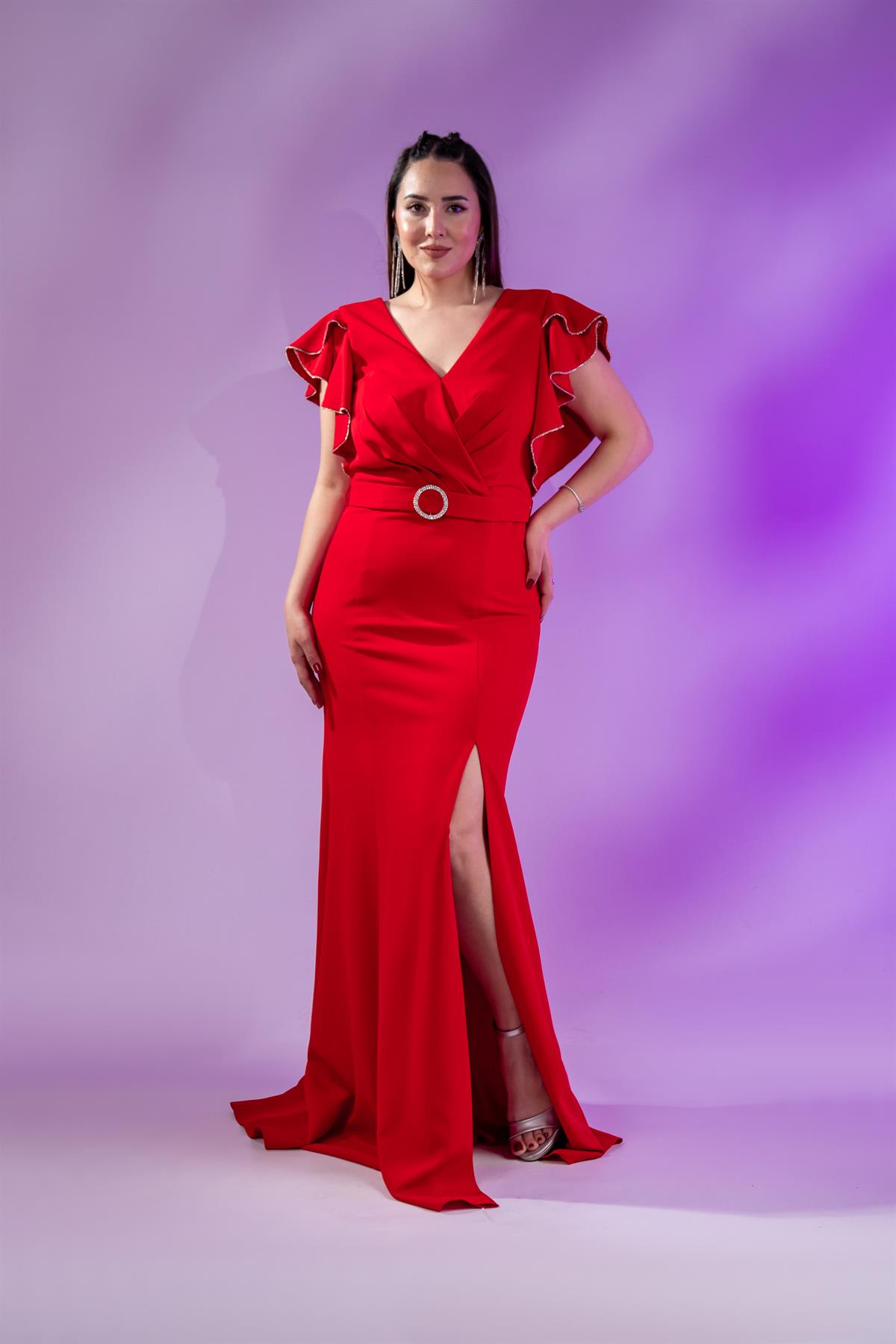 Büyük Beden 2424689 Kemerlİ-Kol Volanlı Abiye Kırmızı