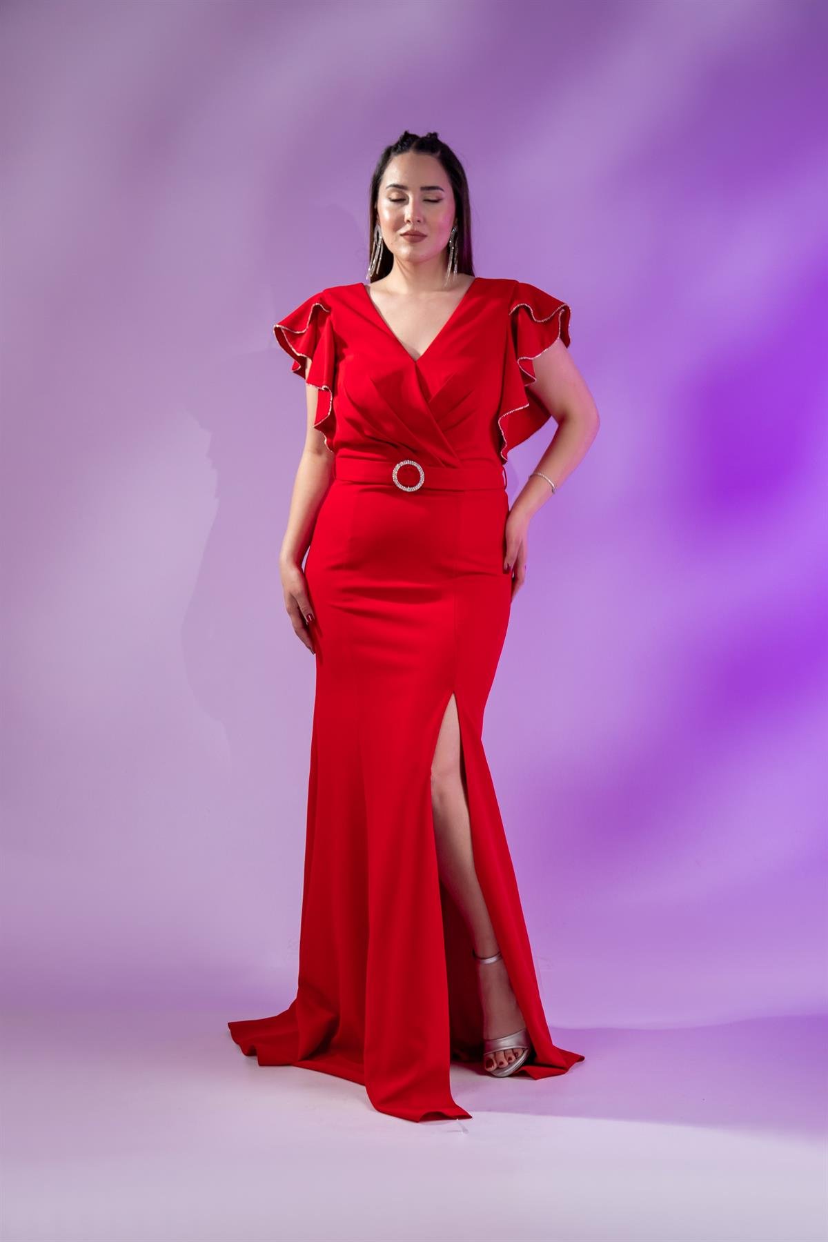 Büyük Beden 2424689 Kemerlİ-Kol Volanlı Abiye Kırmızı