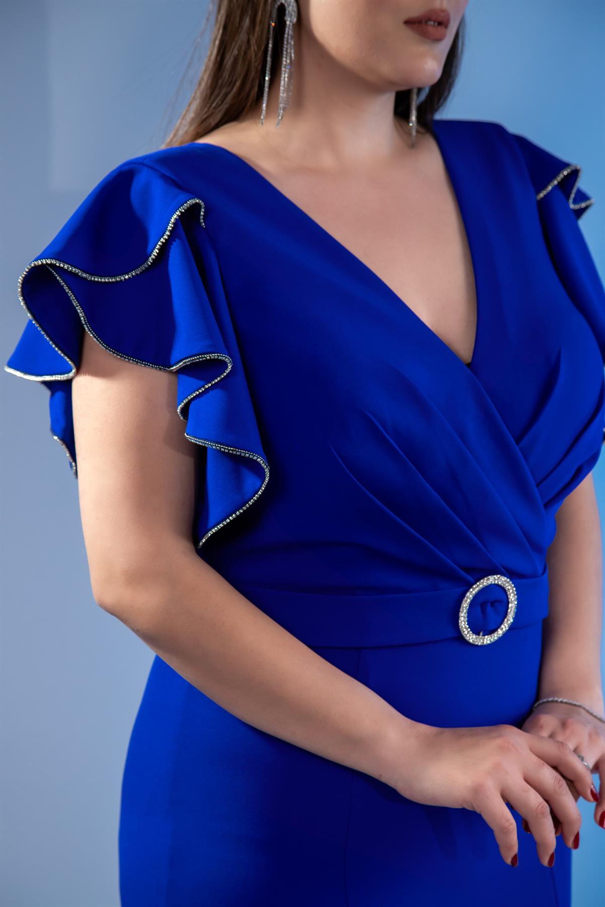 Büyük Beden 2424689 Kemerlİ-Kol Volanlı Abiye Saks