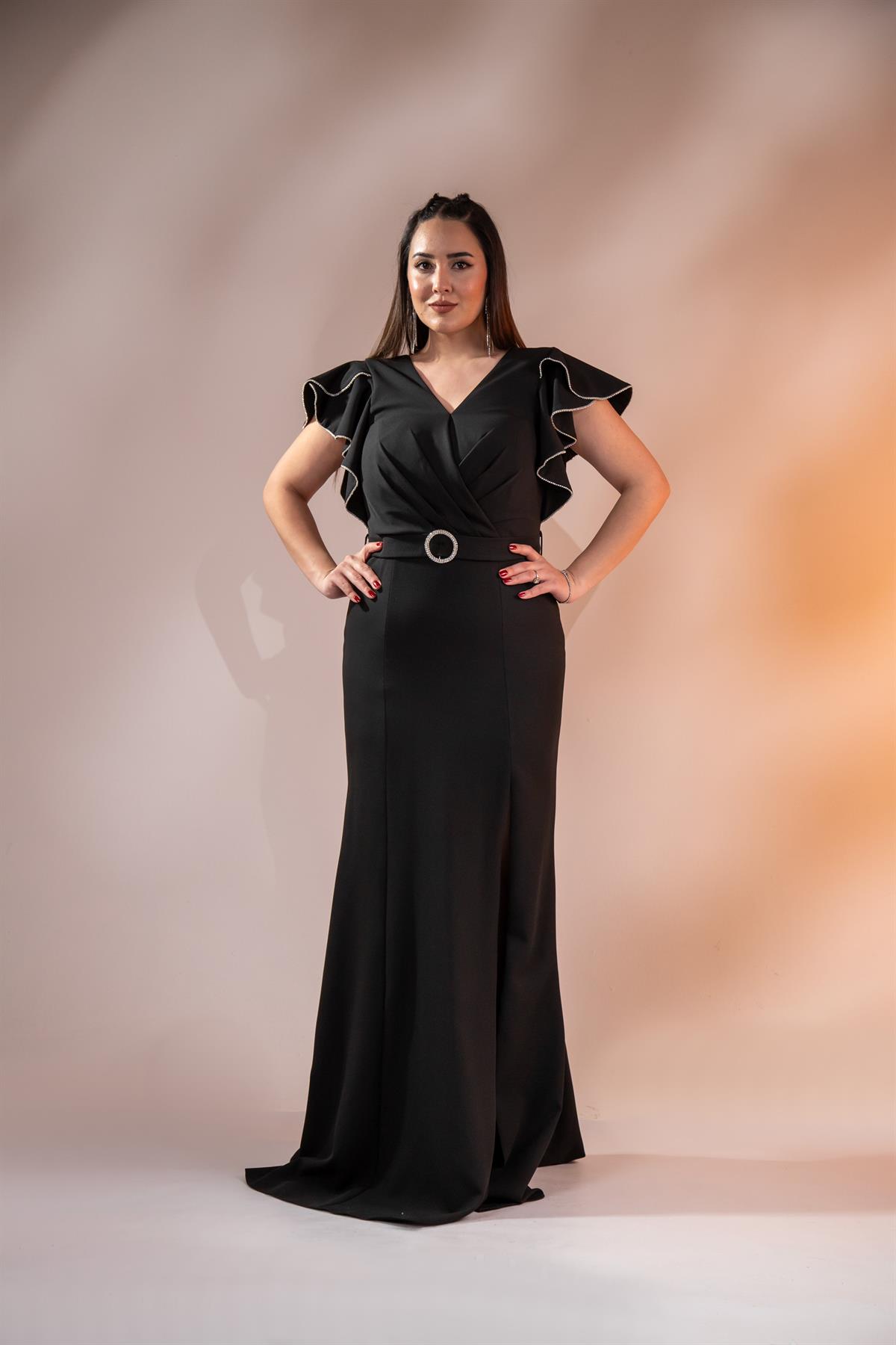 Büyük Beden 2424689 Kemerlİ-Kol Volanlı Abiye Siyah