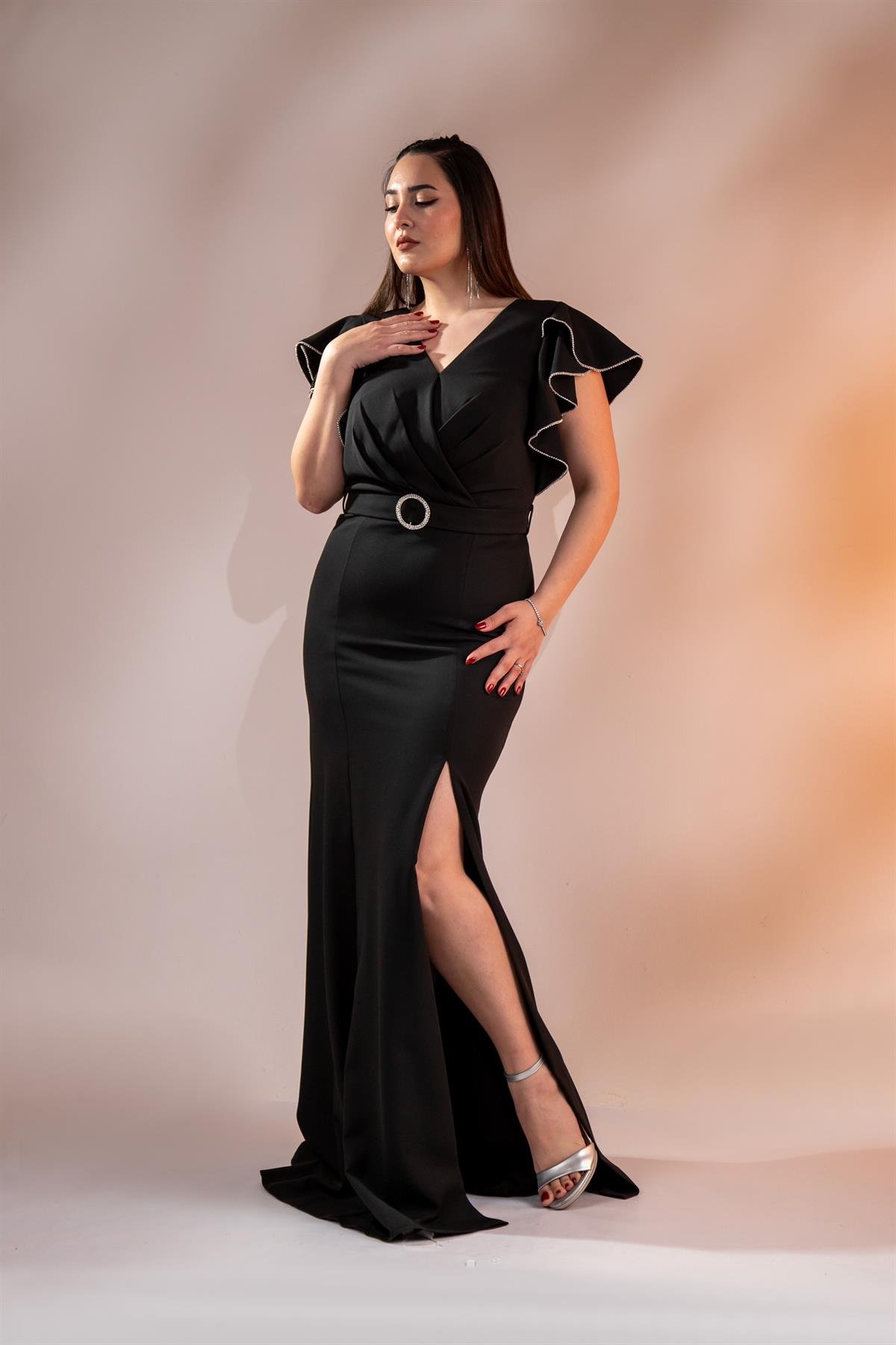 Büyük Beden 2424689 Kemerlİ-Kol Volanlı Abiye Siyah