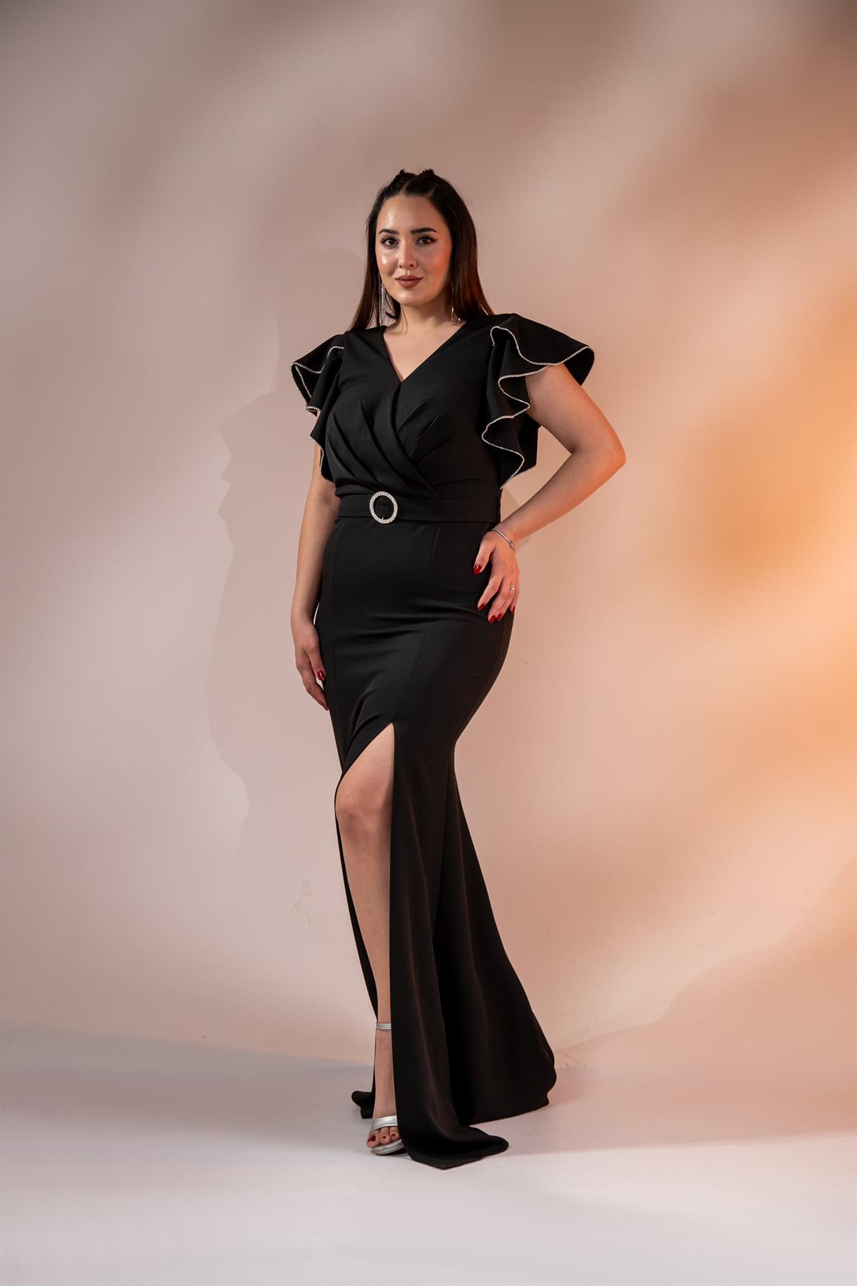 Büyük Beden 2424689 Kemerlİ-Kol Volanlı Abiye Siyah