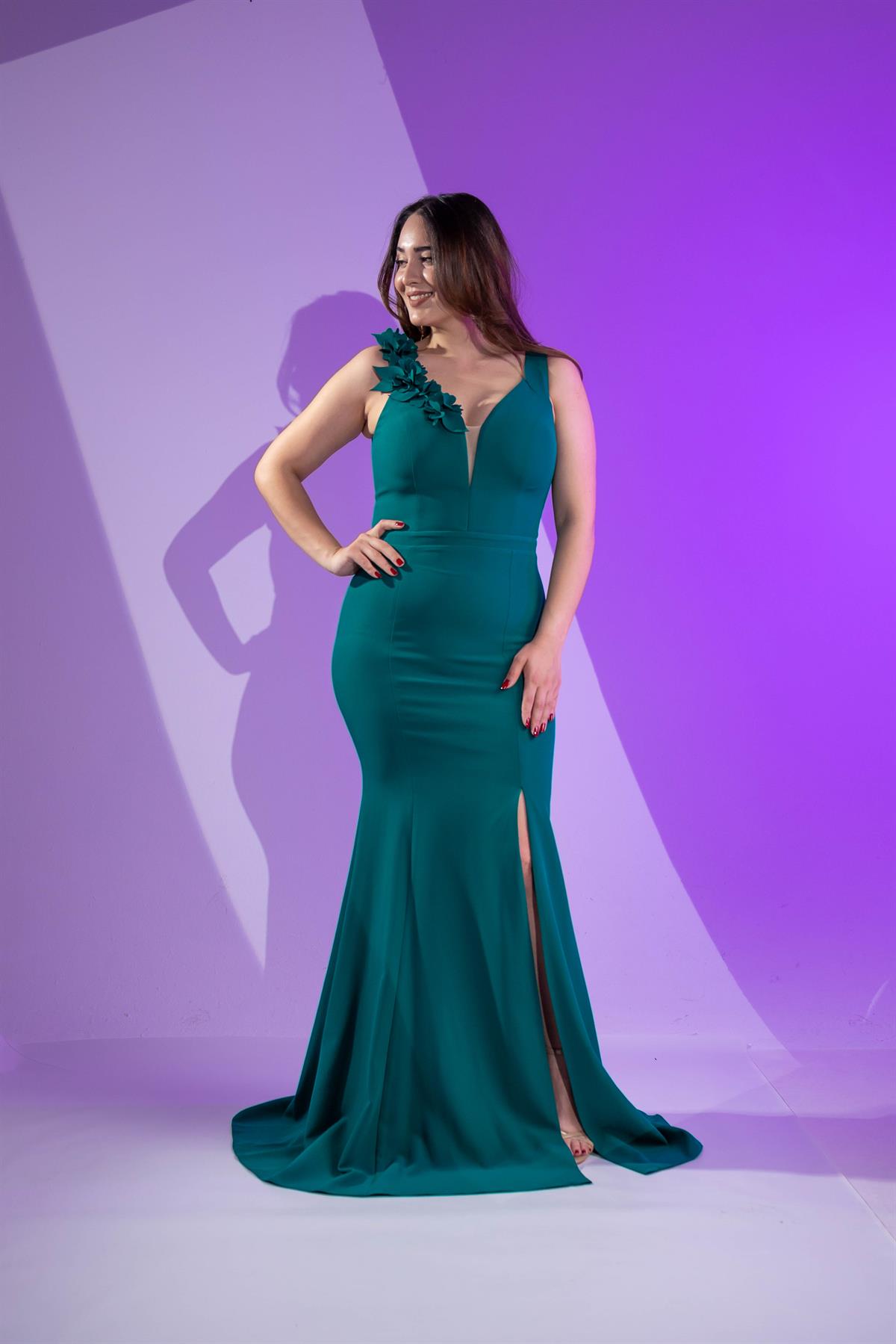 Büyük Beden 2424700 Yırtmaçlı -Göğüs Detaylı Abiye  Yeşil