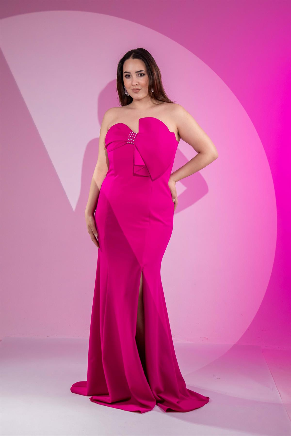 Büyük Beden 2424705 Göğüs Taş Detaylı Abiye  Fuşya