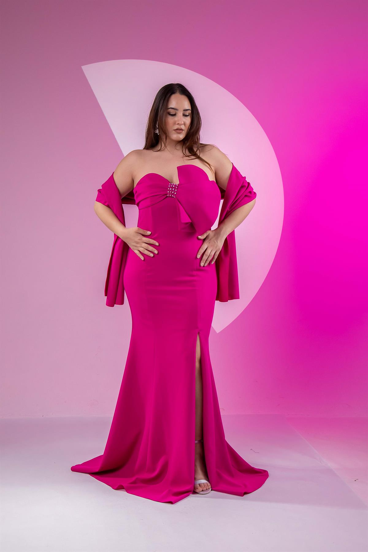 Büyük Beden 2424705 Göğüs Taş Detaylı Abiye  Fuşya