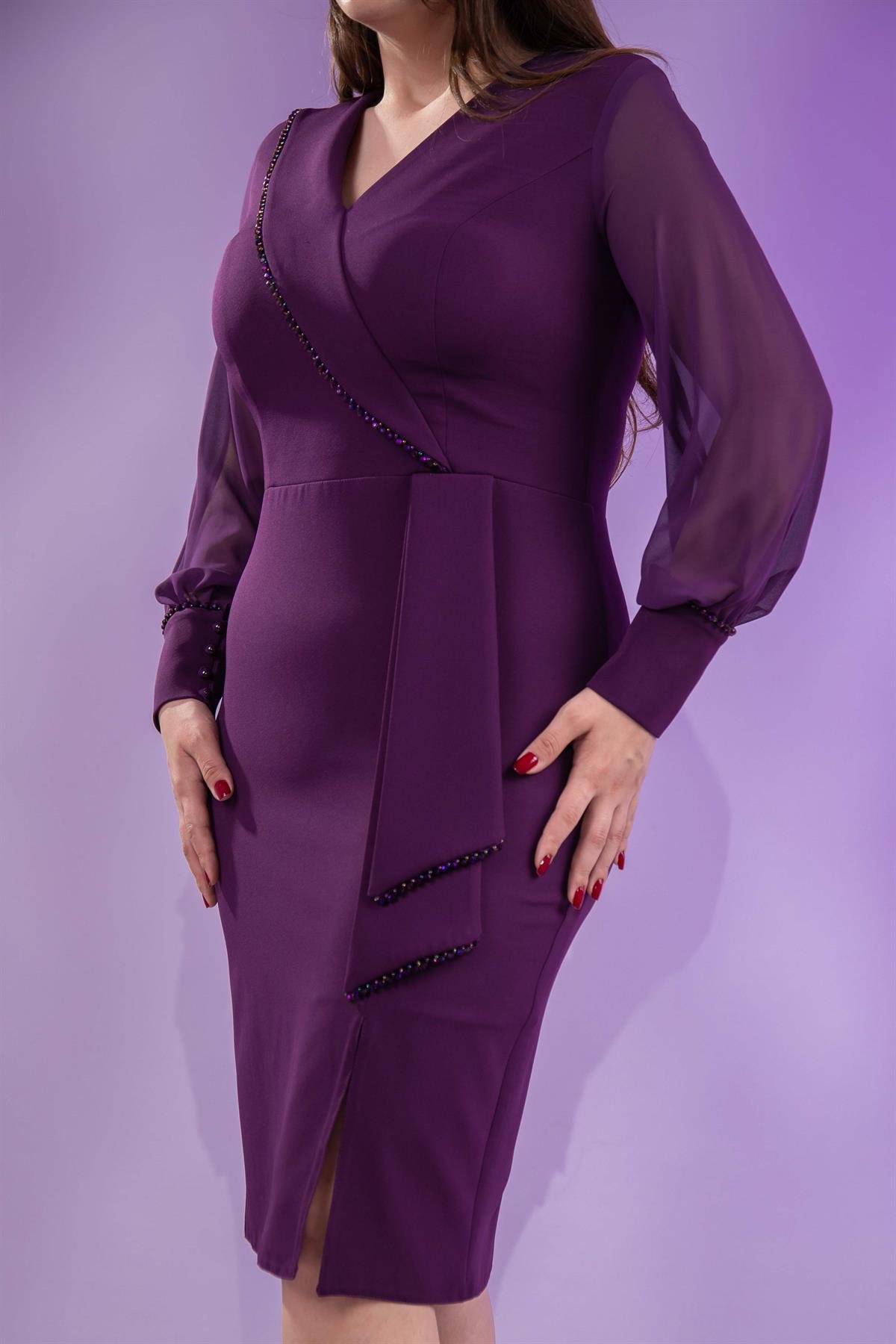 Büyük Beden 2424745 KruvazE-Kolu Şifon Abiye Mürdüm