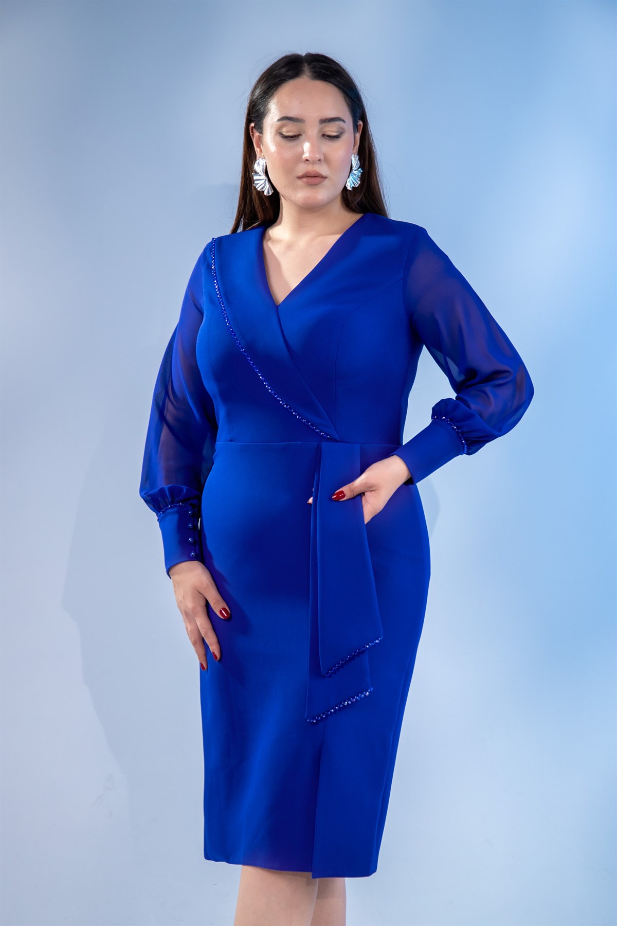 Büyük Beden 2424745 KruvazE-Kolu Şifon Abiye Saks
