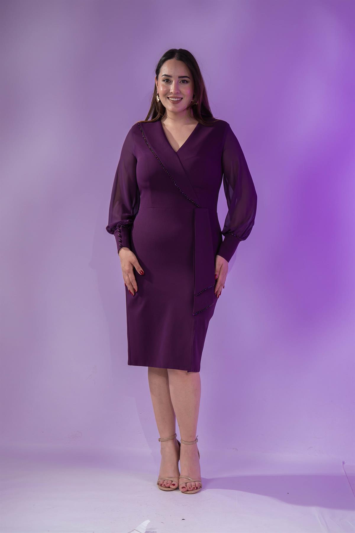 Büyük Beden 2424745 KruvazE-Kolu Şifon Abiye Mürdüm