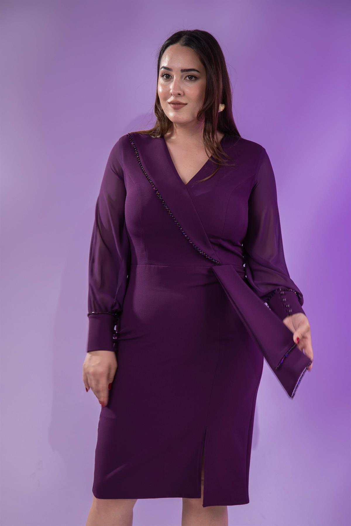 Büyük Beden 2424745 KruvazE-Kolu Şifon Abiye Mürdüm