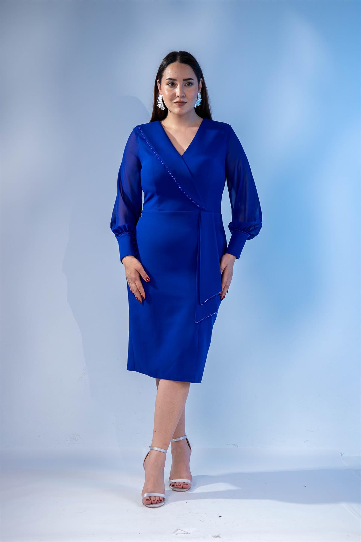 Büyük Beden 2424745 KruvazE-Kolu Şifon Abiye Saks