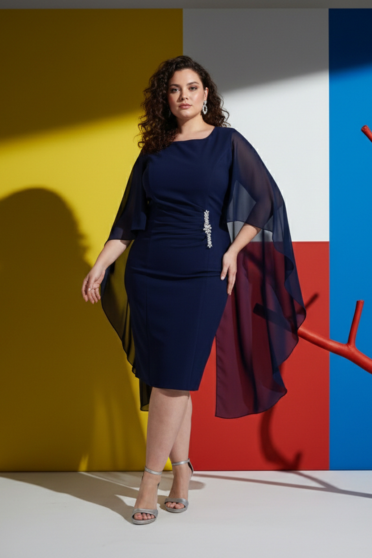 Büyük Beden 2424891 Şifon Beli Taşlı Abiye Lacivert