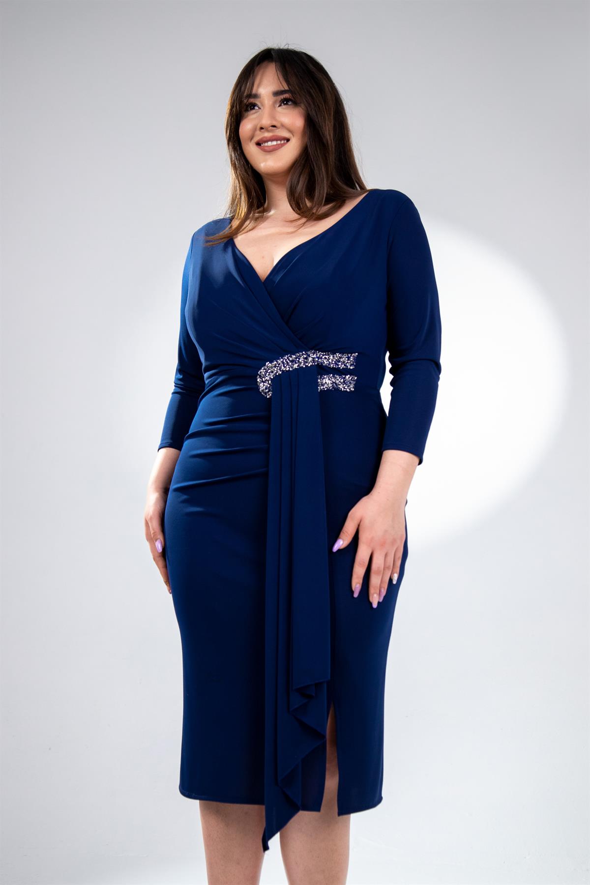Büyük Beden 2425105 Beli Taşlı Abiye  Lacivert