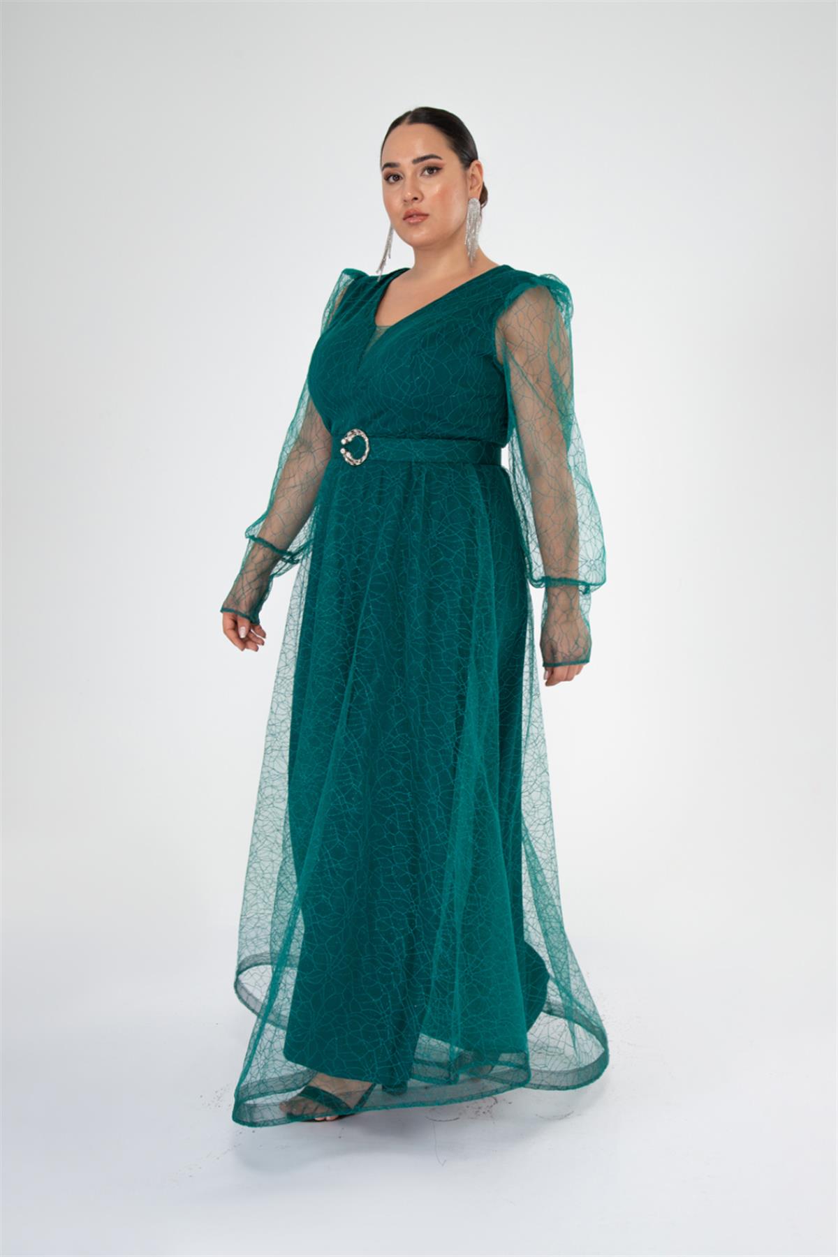 Büyük Beden 2425161 Kolu Tüllü Uzun Abiye  Zümrüt Yeşil