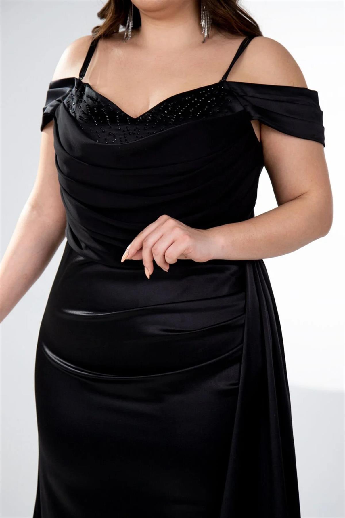 Büyük Beden 242627 Düşük Omuz Degajeli Uzun Abiye  Siyah