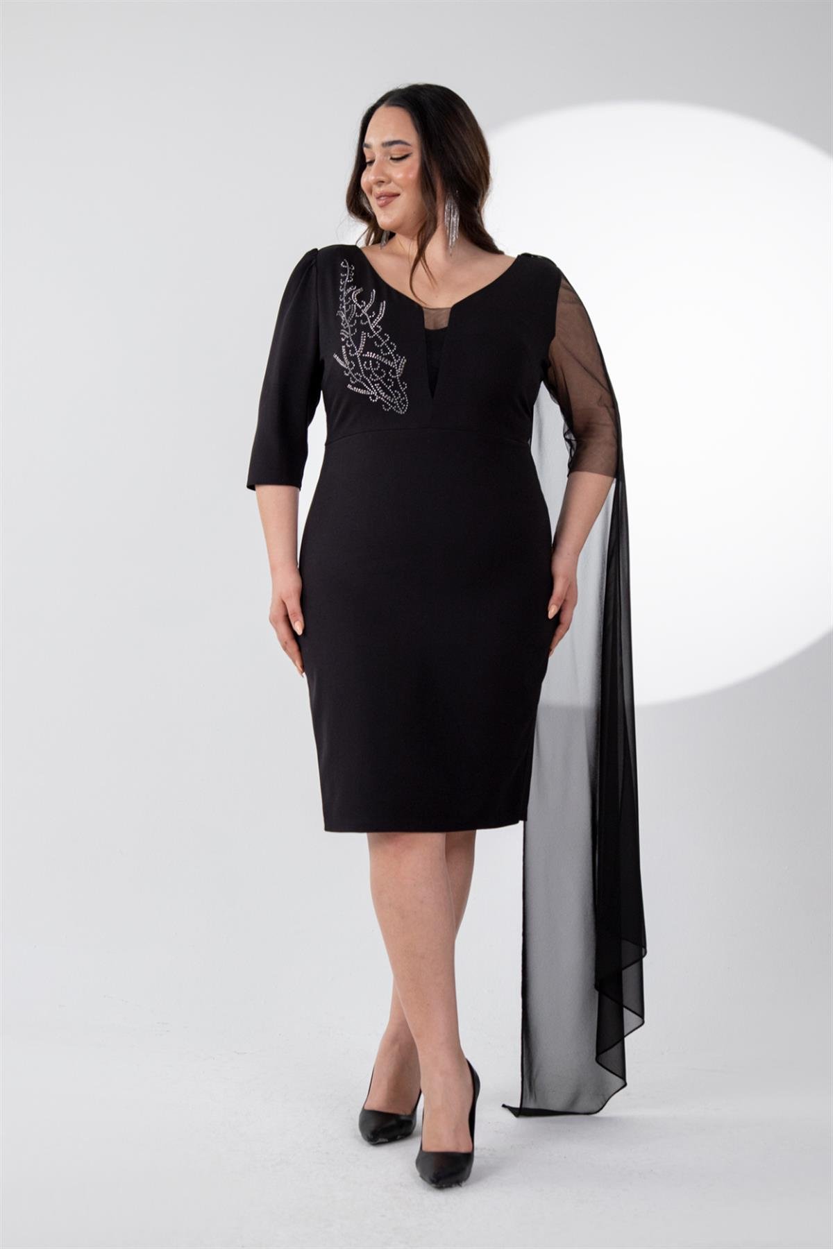 Büyük Beden 242630 Ön-Arka V Yaka Abiye Elbise  Siyah