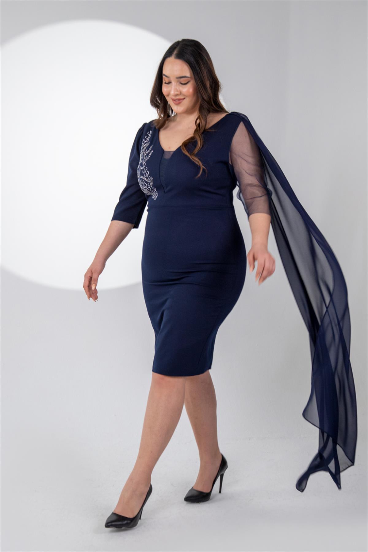 Büyük Beden 242630 Ön-Arka V Yaka Abiye Elbise  Lacivert